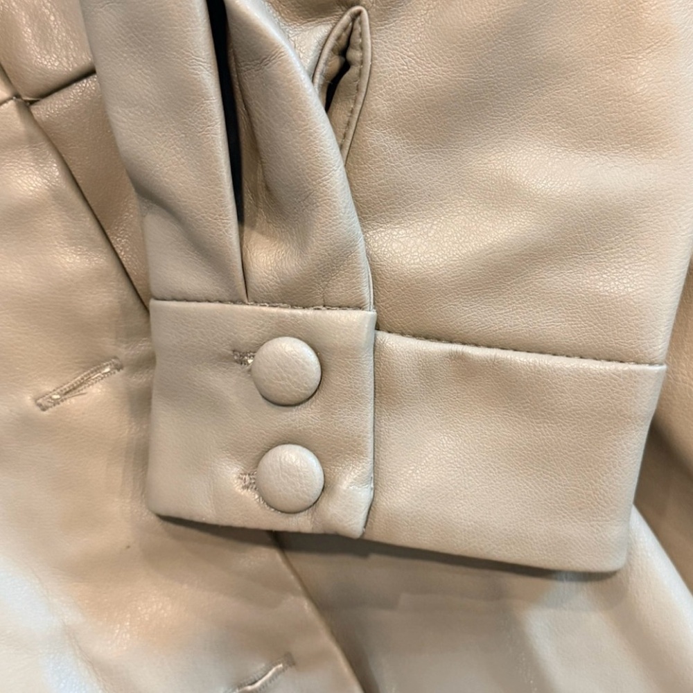 Zara Sage Green Faux Leather Mini Dress Puff Sleeve Belted V-Neck Snap S - Picture 9 of 10